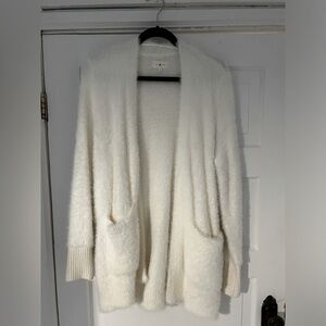 White Fuzzy Open-Front Longline Cardigan Sweater